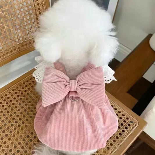 Adorable Pink Corduroy Dog Dress with Bow – Elegant Pet Outfit for Small Dogs